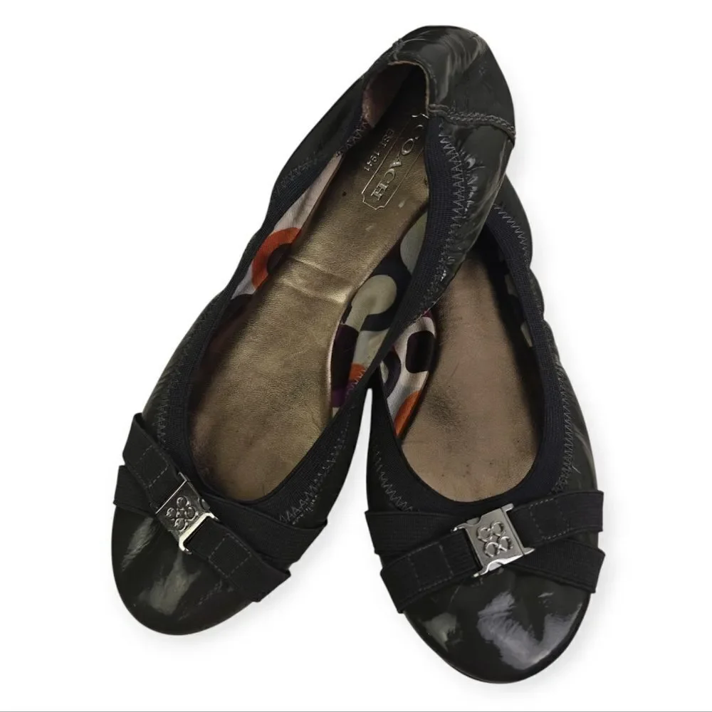 Coach Silver Gray Patent Leather Flats with Logo Buckle